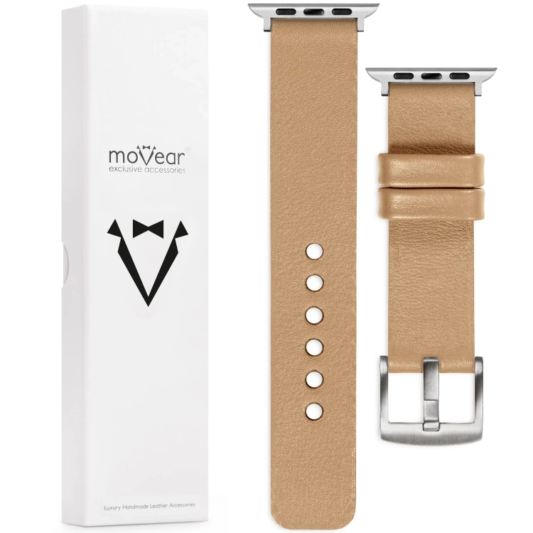 moVear Prestige S1 22mm Lederarmband für Apple Watch 10 / 9 / 8 / 7 / 6 / 5 / 4 / SE (42/41/40mm) Cappuccino [Adapter und Schnalle zur Auswahl]