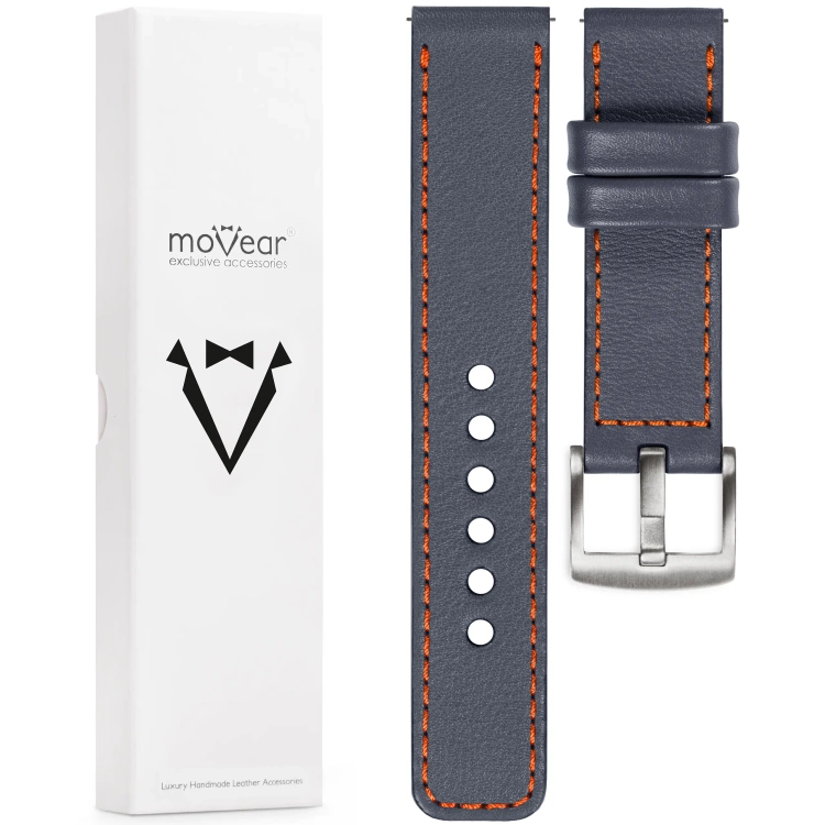 moVear Prestige C1 24mm Uhrenarmband aus Leder | Stahlgrau, Stahlgrau Nähte [Größen XS-XXL und Schnalle zur Auswahl]