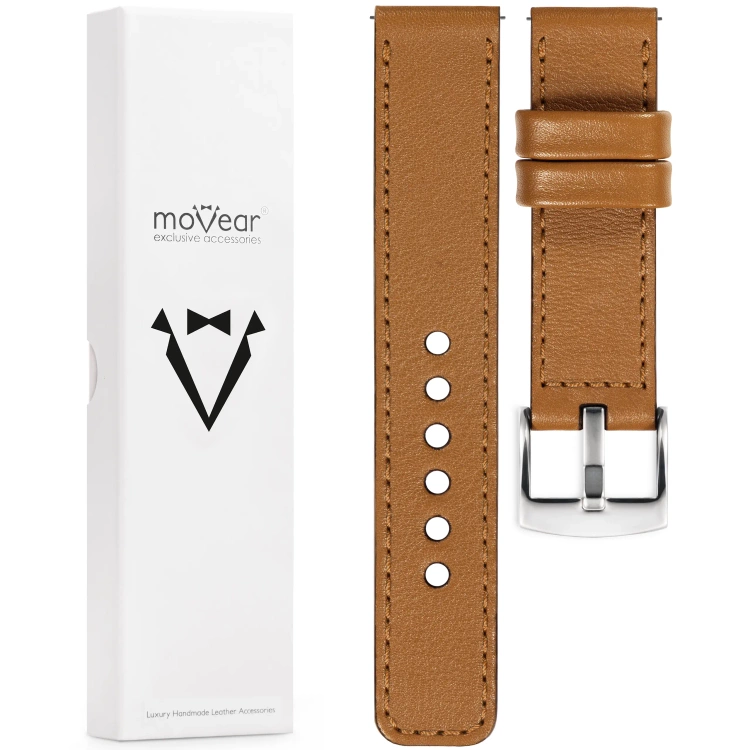 moVear Prestige C1 26mm Uhrenarmband aus Leder | Hellbraun, Hellbraun Nähte [Größen XS-XXL und Schnalle zur Auswahl]