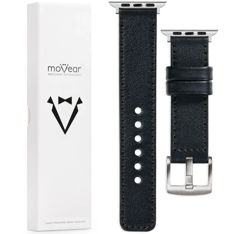 moVear Prestige C1 20mm Schwarz Lederarmband für Apple Watch 10 / 9 / 8 / 7 / 6 / 5 / 4 / SE (42/41/40mm) | Schwarz Nähte [Größen XS-XXL und Schnalle zur Auswahl]
