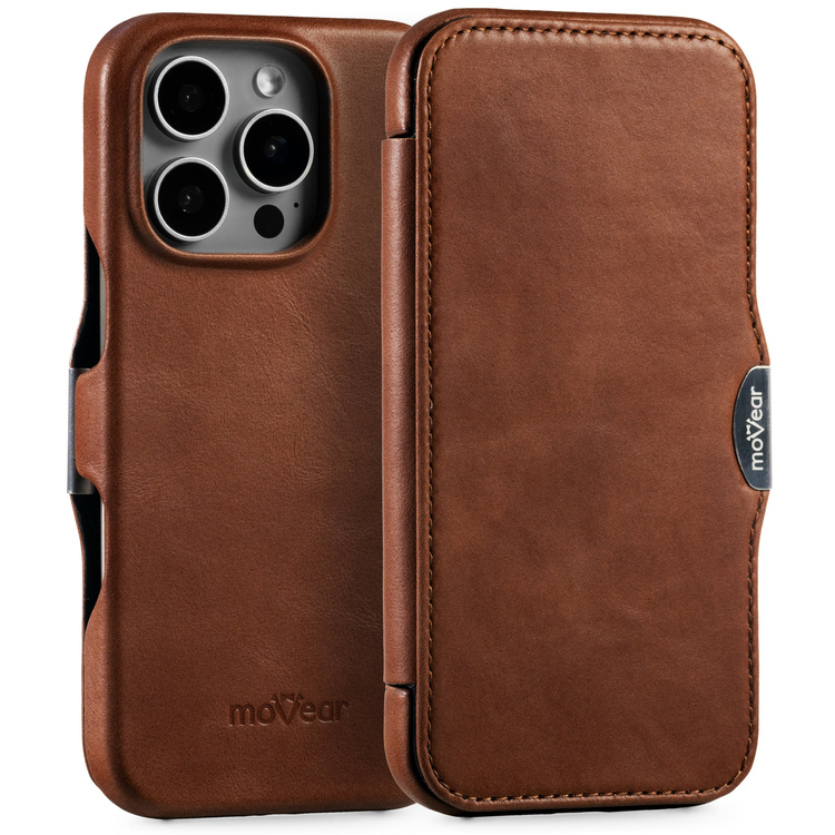 moVear flipSide 4C Leder Handyhülle für Apple iPhone 16 Pro (6.3") | Naturgeöltes Leder (Dunkelbraun)