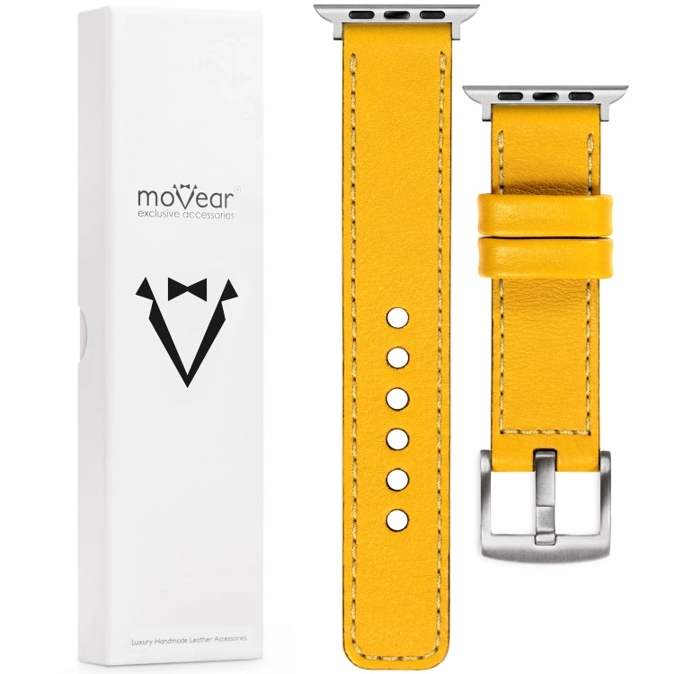 moVear Prestige C1 20mm Gelb Lederarmband für Apple Watch 10 / 9 / 8 / 7 / 6 / 5 / 4 / SE (42/41/40mm) | Gelb Nähte [Größen XS-XXL und Schnalle zur Auswahl]