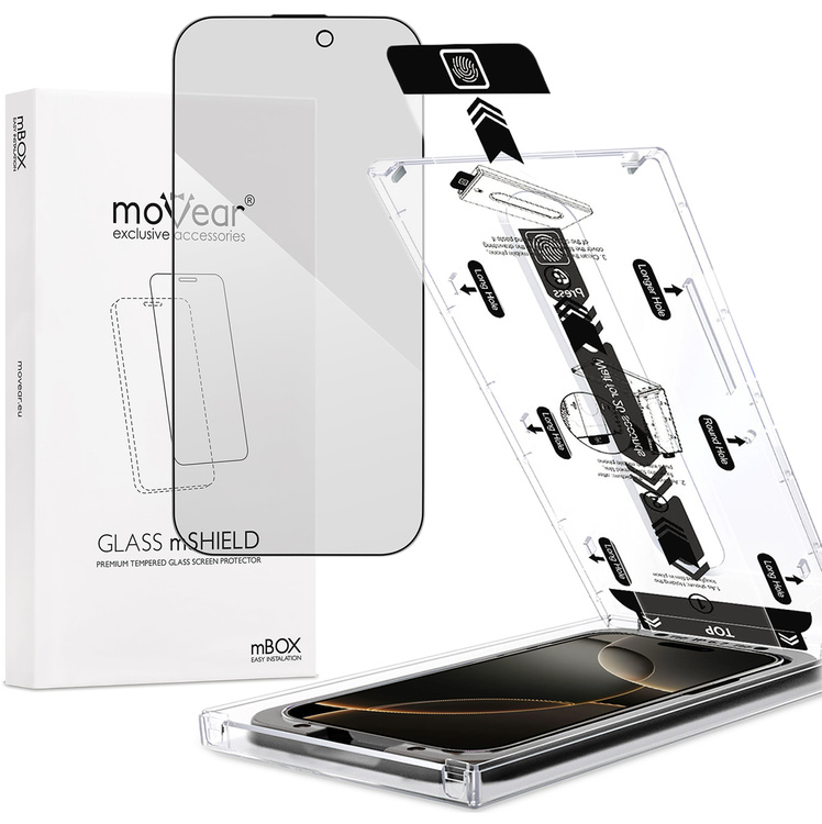moVear mBOX GLASS mSHIELD 2.5D MAX privacy for Apple iPhone 17 Pro / 17 / 16 Pro (6.3") (Anti spy, with Applicator)