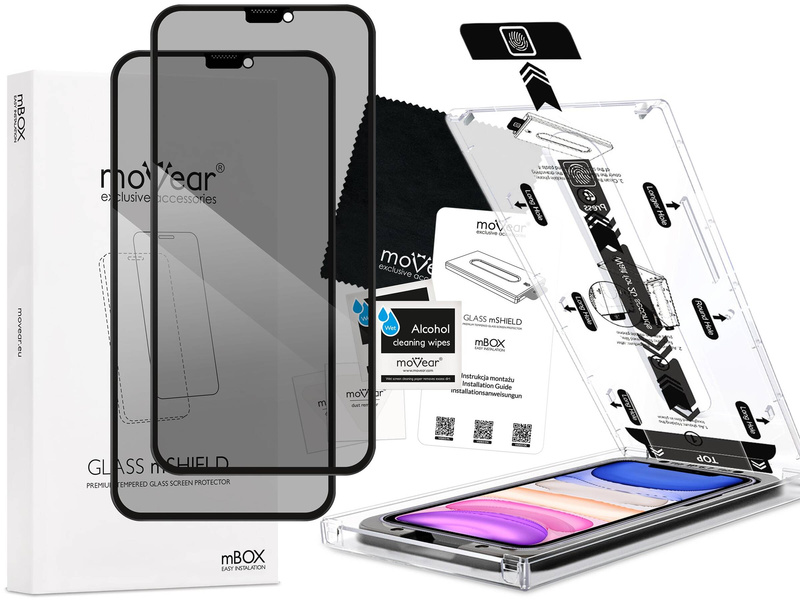 2 Stk. | moVear mBOX GLASS mSHIELD 2.5D MAX privacy für Apple iPhone 11 / Xr (6.1") (Anti-Spionage, mit Applikator)