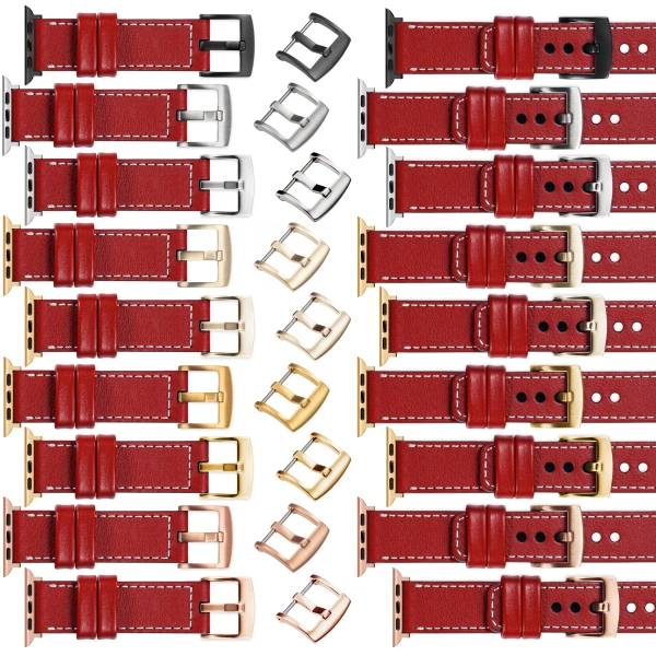 moVear Prestige C1 22mm Scarlet red Leather strap for Apple Watch 10 / 9 / 8 / 7 / 6 / 5 / 4 / SE (46/45/44mm) & Ultra (49mm) | Scarlet red stitching [sizes XS-XXL and buckle to choose from]