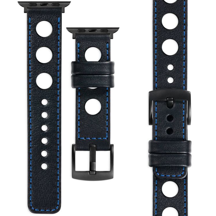 moVear Prestige R1 20mm Black Leather strap for Apple Watch 8 / 7 / 6 / 5 / 4 / SE (45/44mm) & Ultra (49mm) | Black stitching [size and buckle to choose from]