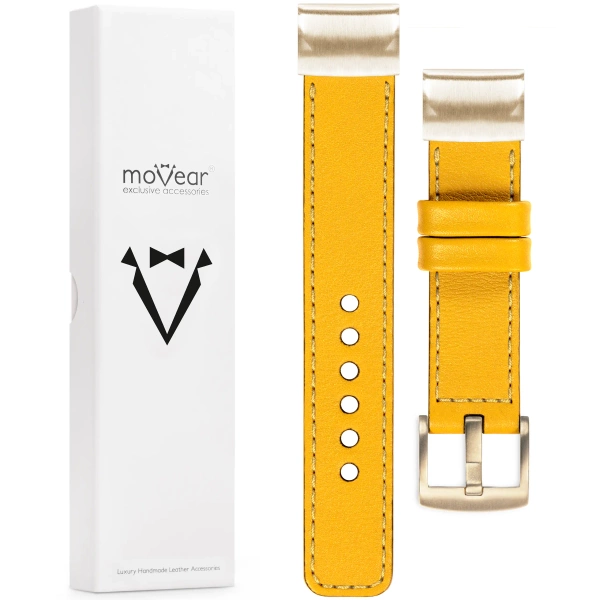 moVear Prestige C1 Leather strap for Garmin QuickFit 20mm (Fenix / Instinct - 43/42/40mm) Yellow, Yellow stitching [sizes XS-XXL and buckle to choose from]