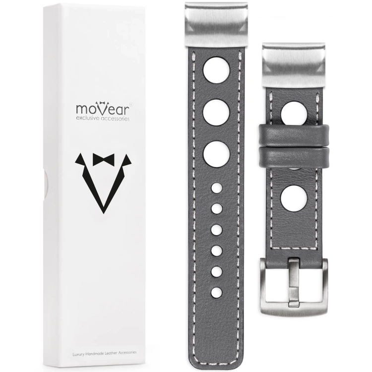 moVear Prestige R1 Lederarmband für Garmin QuickFit 26mm (Fenix / Epix / Quatix / Tactix / Enduro - 51mm) Grau, Grau Nähte [Größen XS-XXL und Schnalle zur Auswahl]