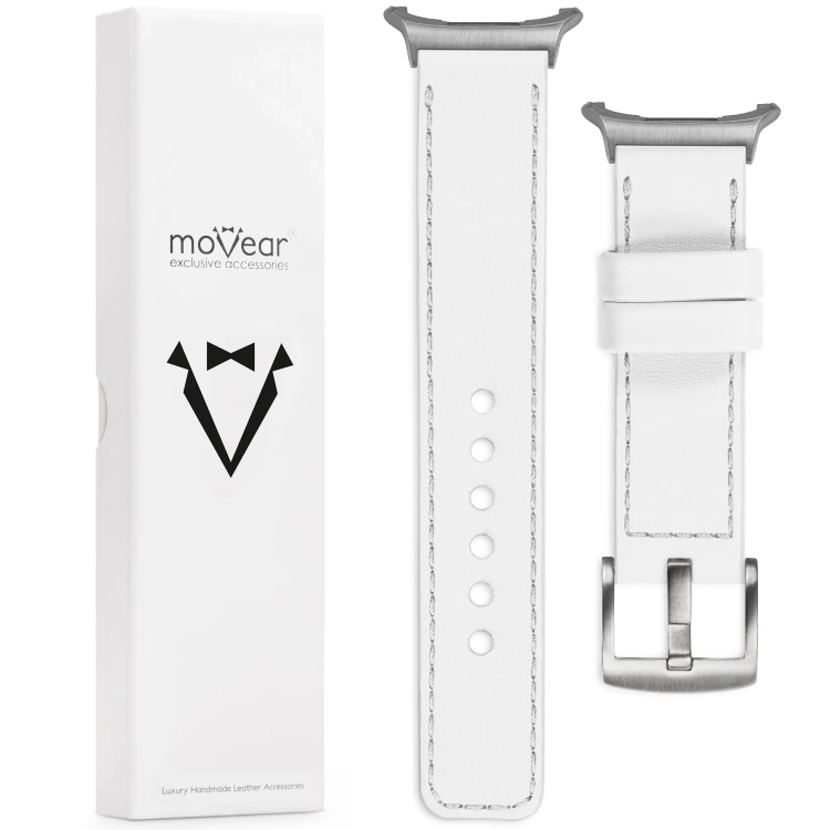moVear Prestige C1 24mm White Leather strap for Samsung Galaxy Watch Ultra | White stitching [sizes XS-XXL and buckle to choose from]