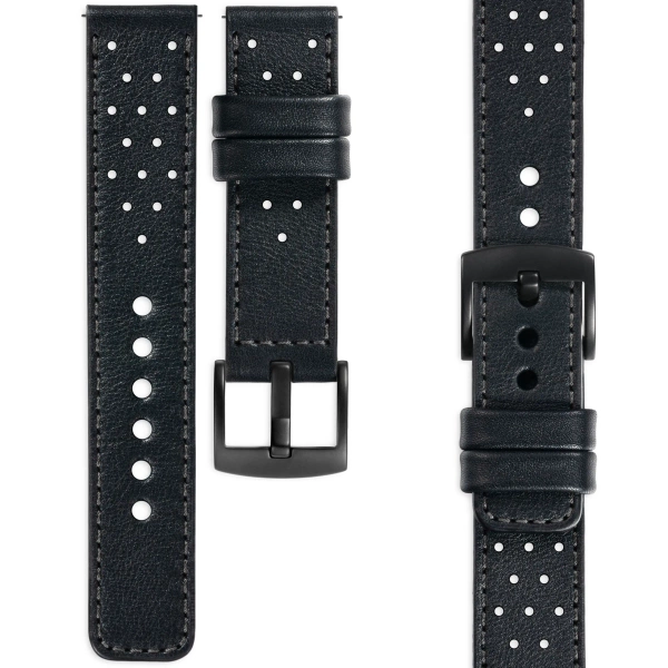 moVear Prestige R2 20mm leather watch strap | Black, Black stitching [sizes XS-XXL and buckle to choose from]