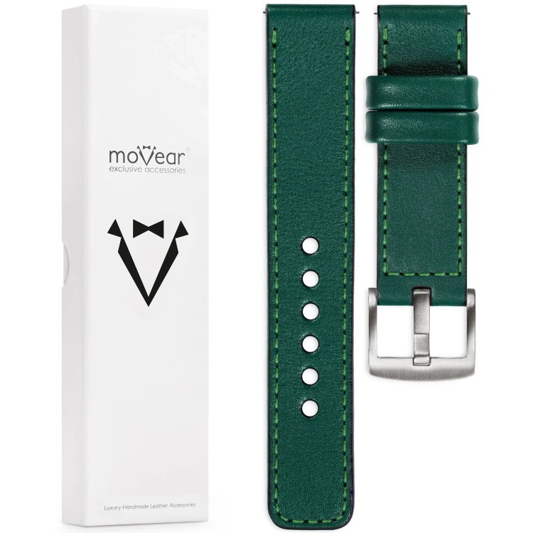 moVear Prestige C1 22mm leather watch strap | Bottle green, Bottle green stitching [sizes XS-XXL and buckle to choose from]