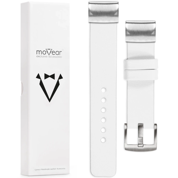 moVear Prestige S1 Lederarmband für Garmin QuickFit 22mm (Fenix / Forerunner / Epix / Instinct / Enduro / Quatix / MARQ - 47/45mm) Weiß [Schließe nach Wahl]
