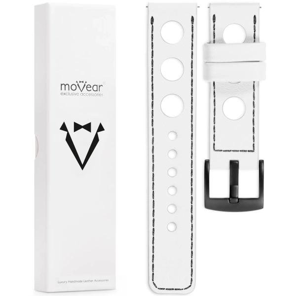 moVear Prestige R1 20mm White Leather strap for Garmin Vivoactive 5/3, Vivomove 3, Venu 2 | White stitching [sizes XS-XXL and buckle to choose from]