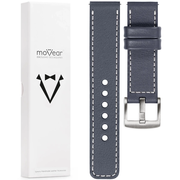 moVear Prestige C1 20mm Stahlgrau Lederarmband für Samsung Galaxy Watch 7 / 6 / 5 / 4 / 3 & Pro / FE / Classic / Active | Stahlgrau Nähte [Größen XS-XXL und Schnalle zur Auswahl]