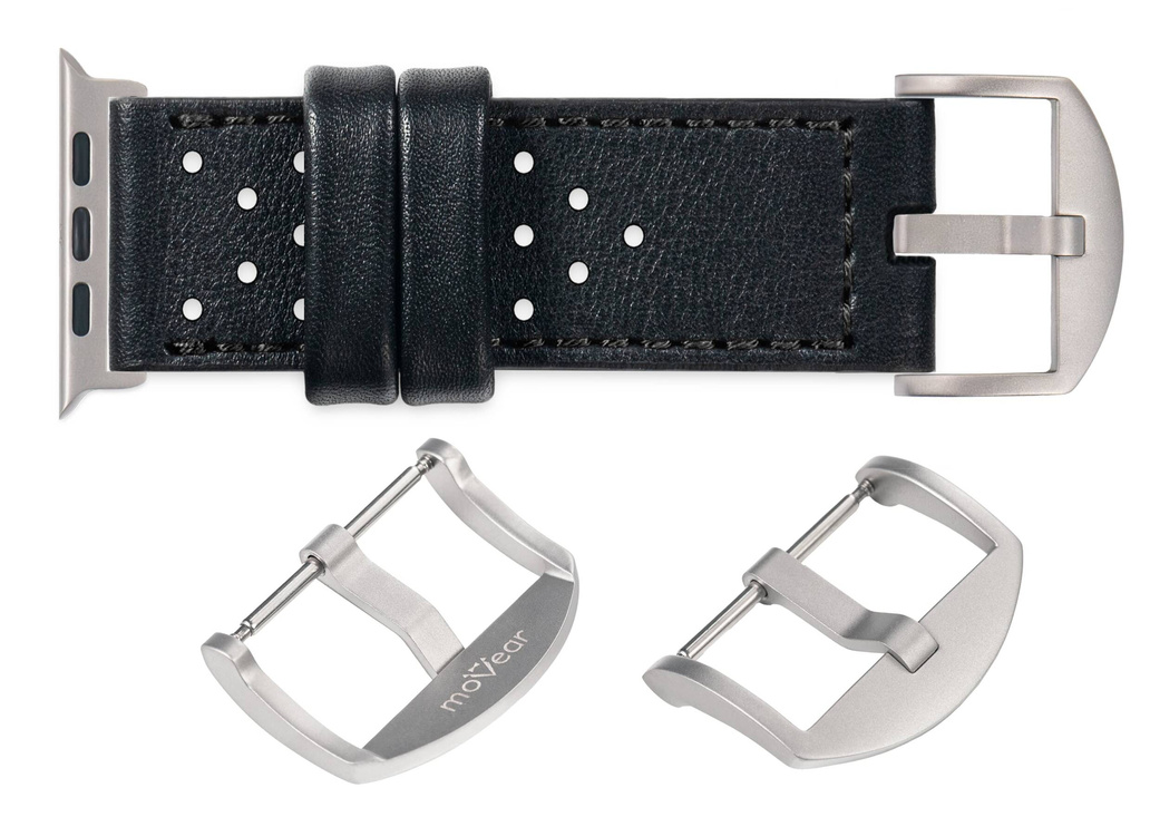 moVear Prestige R2T (Rally) Lederarmband 26mm für Apple Watch Ultra 49mm mit Titanadapter und Schnalle | Schwarz, Schwarz Nähte [Größen XS-XXL und Schnallenauswahl]