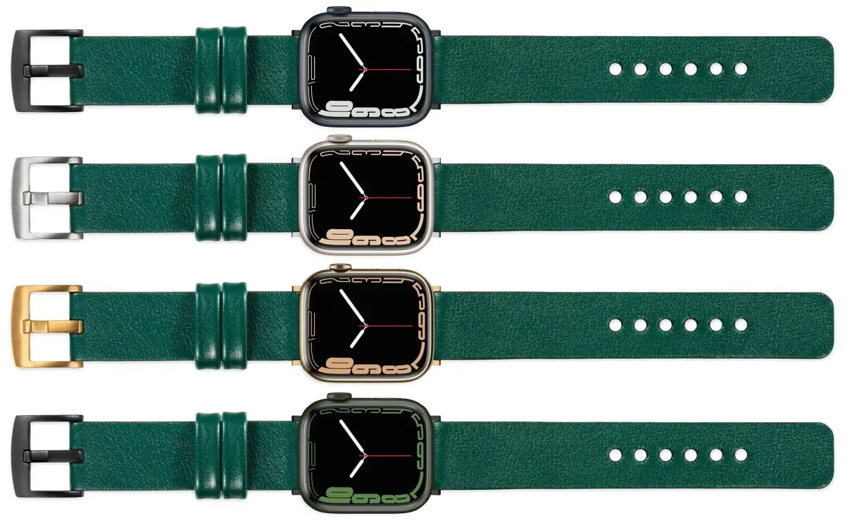 moVear Prestige S1 22mm Lederarmband für Apple Watch 10 / 9 / 8 / 7 / 6 / 5 / 4 / SE (46/45/44mm) & Ultra (49mm) Flaschengrün [Adapter und Schnalle zur Auswahl]
