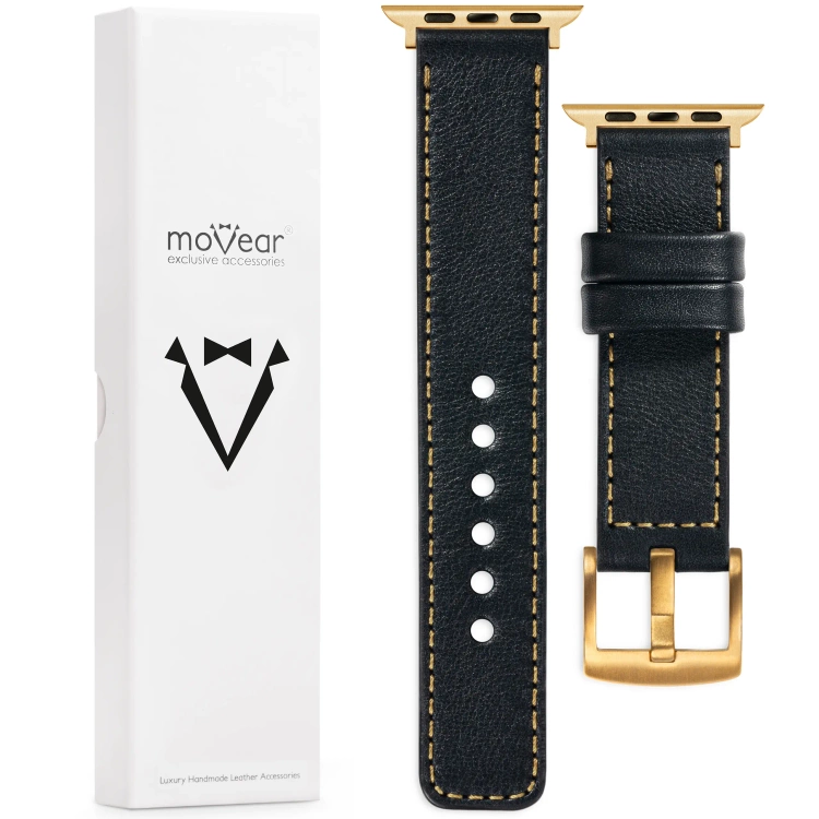 moVear Prestige C1 20mm Schwarz Lederarmband für Apple Watch 10 / 9 / 8 / 7 / 6 / 5 / 4 / SE (42/41/40mm) | Schwarz Nähte [Größen XS-XXL und Schnalle zur Auswahl]