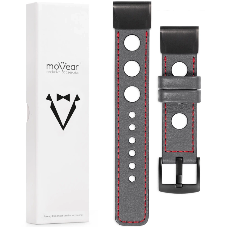 moVear Prestige R1 Lederarmband für Garmin QuickFit 22mm (Fenix / Forerunner / Epix / Instinct / Enduro / Quatix / MARQ - 47/45mm) Grau, Grau Nähte [Größen XS-XXL und Schnalle zur Auswahl]