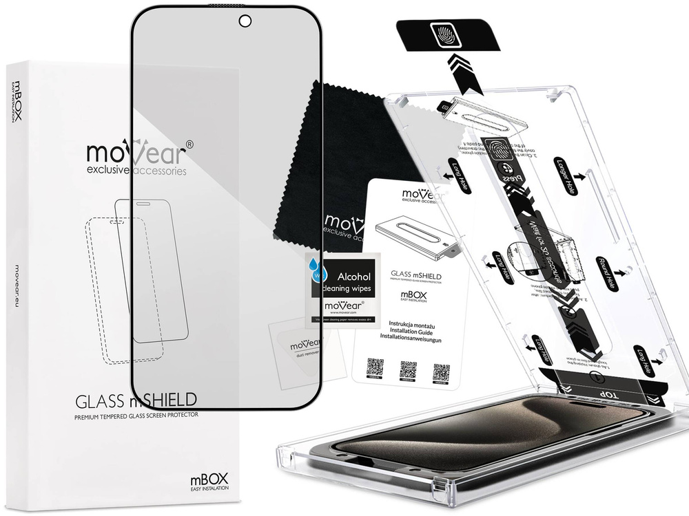 moVear mBOX GLASS mSHIELD 2.5D MAX privacy for Apple iPhone 15 Pro (6.1") (Anti spy, with Applicator)