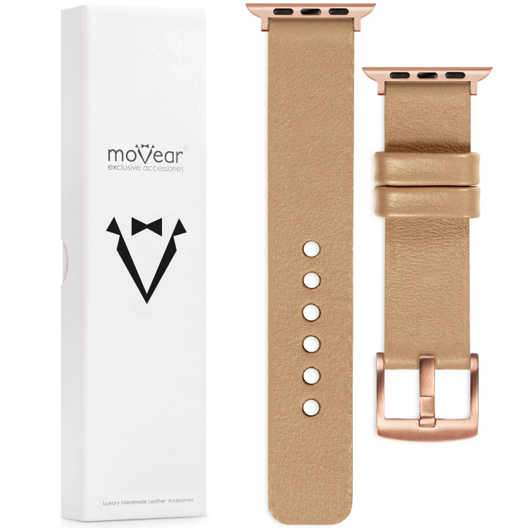 moVear Prestige S1 20mm Lederarmband für Apple Watch 10 / 9 / 8 / 7 / 6 / 5 / 4 / SE (42/41/40mm) Cappuccino [Adapter und Schnalle zur Auswahl]