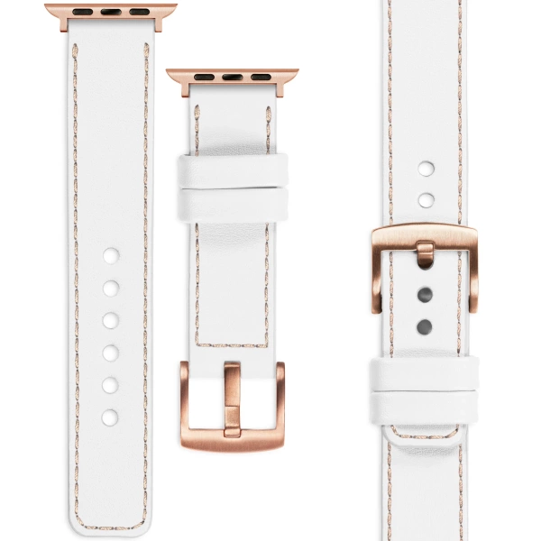 moVear Prestige C1 22mm Weiß Lederarmband für Apple Watch 10 / 9 / 8 / 7 / 6 / 5 / 4 / SE (42/41/40mm) | Weiß Nähte [Größen XS-XXL und Schnalle zur Auswahl]