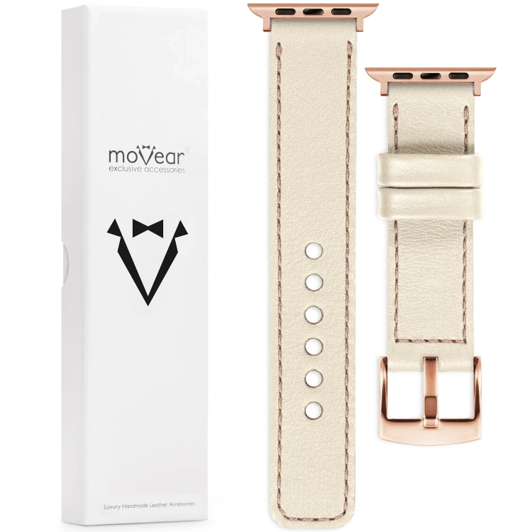 moVear Prestige C1 20mm Nude Lederarmband für Apple Watch 10 / 9 / 8 / 7 / 6 / 5 / 4 / SE (46/45/44mm) & Ultra (49mm) | Nude Nähte [Größen XS-XXL und Schnalle zur Auswahl]