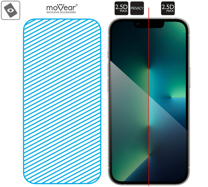 moVear mBOX GLASS mSHIELD 2.5D MAX privacy für Apple iPhone 16e / 14 / 13 / 13 Pro (6.1") (Anti-Spionage, mit Applikator)