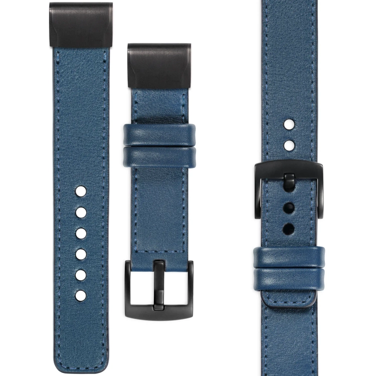 moVear Prestige C1 Lederarmband für Garmin QuickFit 22mm (Fenix / Forerunner / Epix / Instinct / Enduro / Quatix / MARQ - 47/45mm) Blaue Jeans, Blaue Jeans Nähte [Größen XS-XXL und Schnalle zur Auswahl]