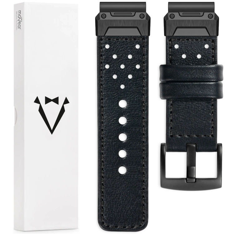 moVear Prestige R3X Leather strap for Garmin QuickFit 26mm (Fenix / Epix / Quatix / Tactix / Enduro - 51mm) Black, Black stitching [sizes XS-XXL and buckle to choose from]