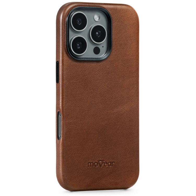 moVear [PRODUCT_MODEL] Lederrückseite für Apple iPhone 16 Pro (6.3") | MagSafe kompatibel, Naturgeöltes Leder (Dunkelbraun)