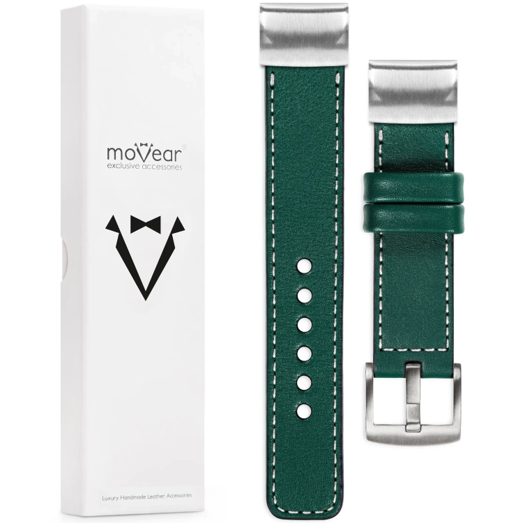 moVear Prestige C1 Lederarmband für Garmin QuickFit 22mm (Fenix / Forerunner / Epix / Instinct / Enduro / Quatix / MARQ - 47/45mm) Flaschengrün, Flaschengrün Nähte [Größen XS-XXL und Schnalle zur Auswahl]
