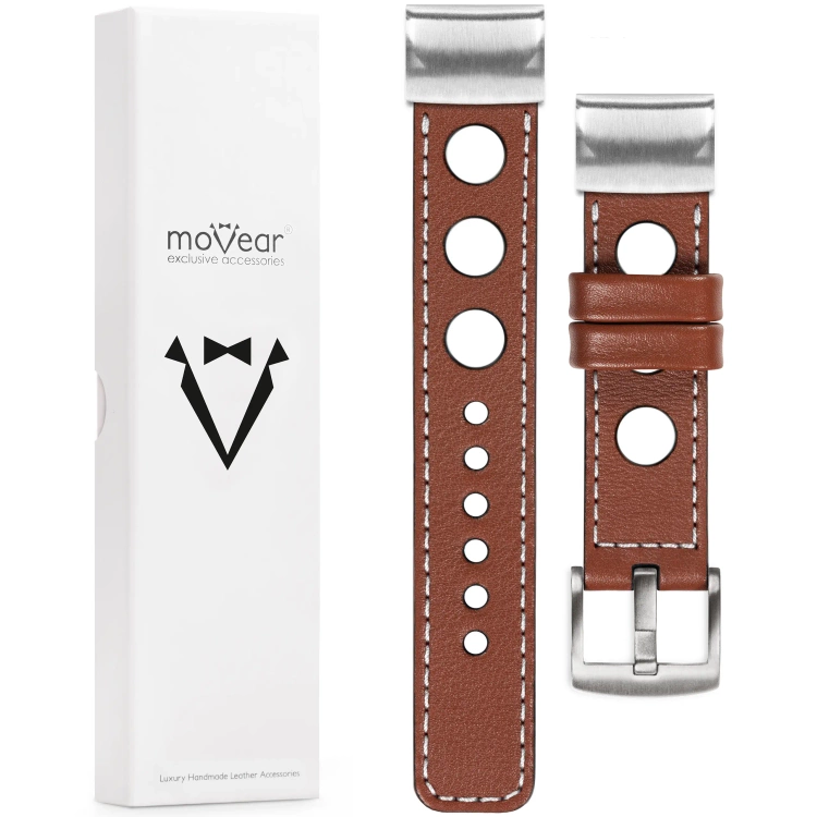 moVear Prestige R1 Lederarmband für Garmin QuickFit 22mm (Fenix / Forerunner / Epix / Instinct / Enduro / Quatix / MARQ - 47/45mm) Braun, Braun Nähte [Größen XS-XXL und Schnalle zur Auswahl]