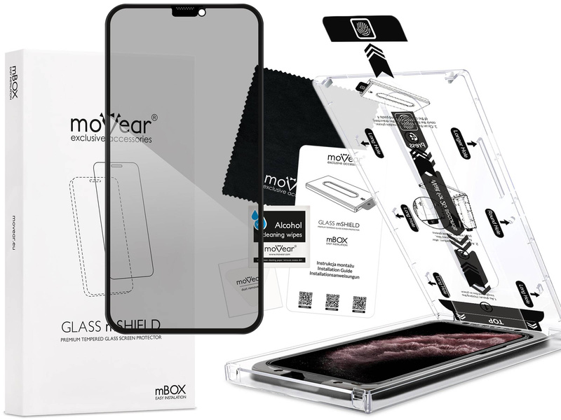 moVear mBOX GLASS mSHIELD 2.5D MAX privacy für Apple iPhone 11 Pro Max / Xs Max (6.5") (Anti-Spionage, mit Applikator)