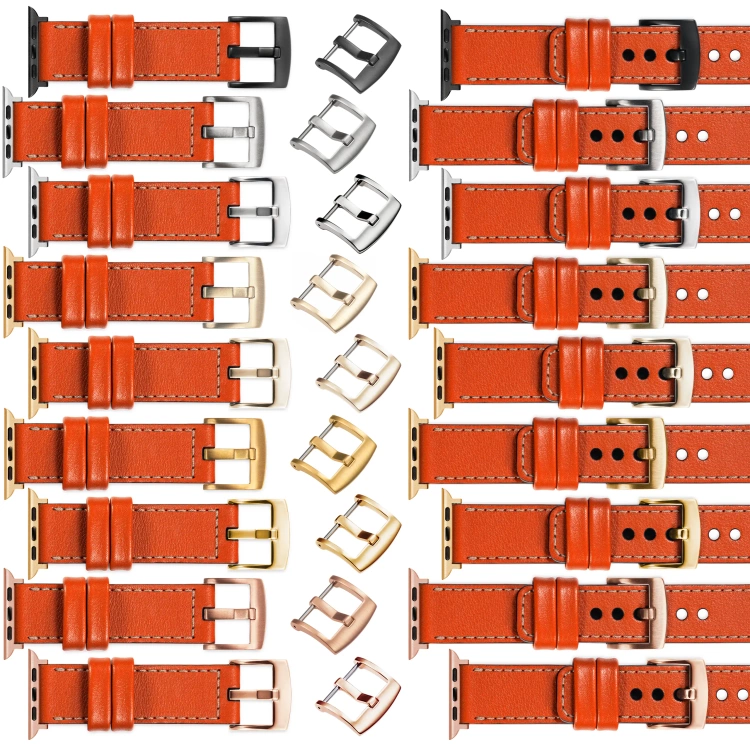 moVear Prestige C1 22mm Orange Lederarmband für Apple Watch 10 / 9 / 8 / 7 / 6 / 5 / 4 / SE (42/41/40mm) | Orange Nähte [Größen XS-XXL und Schnalle zur Auswahl]