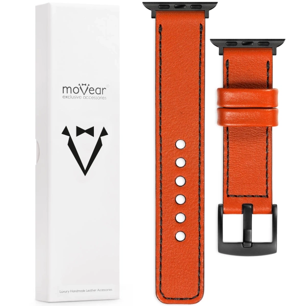 moVear Prestige C1 24mm Orange Leather strap for Apple Watch 10 / 9 / 8 / 7 / 6 / 5 / 4 / SE (46/45/44mm) & Ultra (49mm) | Orange stitching [sizes XS-XXL and buckle to choose from]