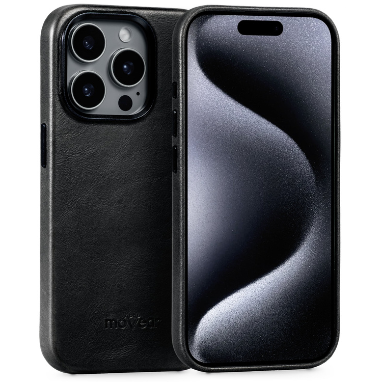 moVear [PRODUCT_MODEL] Leather back cover for Apple iPhone 15 Pro (6.1") | MagSafe compatible, Natural oiled leather (Black)