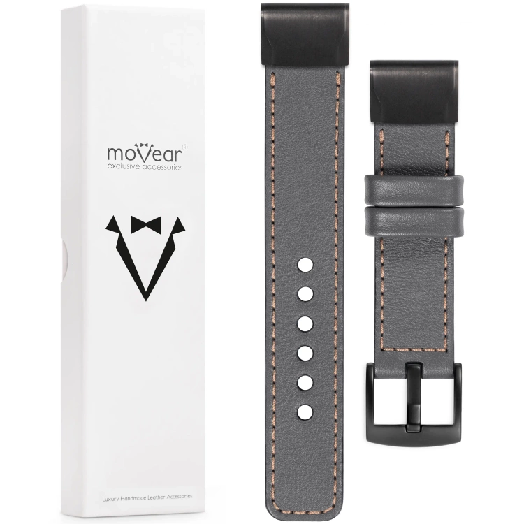 moVear Prestige C1 Lederarmband für Garmin QuickFit 22mm (Fenix / Forerunner / Epix / Instinct / Enduro / Quatix / MARQ - 47/45mm) Grau, Grau Nähte [Größen XS-XXL und Schnalle zur Auswahl]