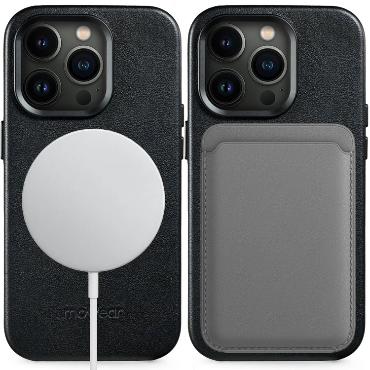 moVear [PRODUCT_MODEL] Lederrückseite für Apple iPhone 14 Pro (6.1") | MagSafe kompatibel, Glattleder (Schwarz)