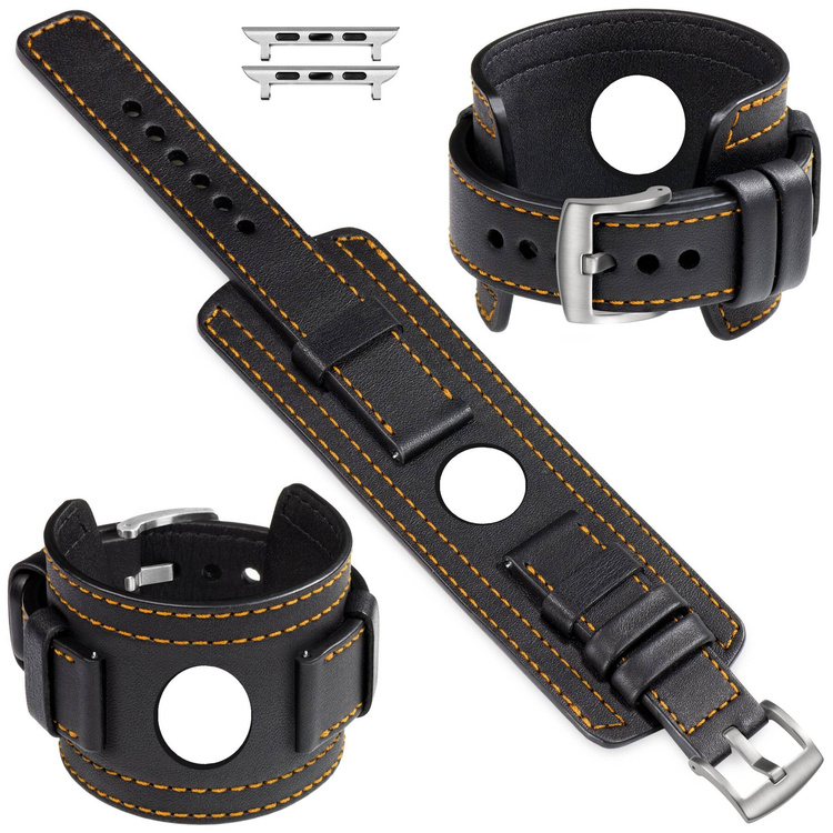 moVear Prestige CW1 22mm Breites Lederarmband mit Polster für Apple Watch 10 / 9 / 8 / 7 / 6 / 5 / 4 / SE (46/45/44mm) & Ultra (49mm) | Schwarz, Schwarz Nähte [Größen XS-XXL und Schnalle zur Auswahl]