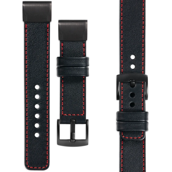 moVear Prestige C1 Leather strap for Garmin QuickFit 26mm (Fenix / Epix / Quatix / Tactix / Enduro - 51mm) Black, Black stitching [sizes XS-XXL and buckle to choose from]