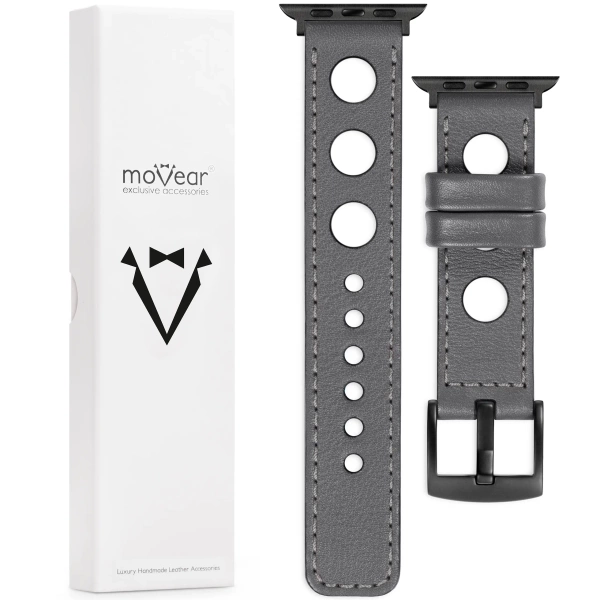 moVear Prestige R1 22mm Grau Lederarmband für Apple Watch 10 / 9 / 8 / 7 / 6 / 5 / 4 / SE (46/45/44mm) & Ultra (49mm) | Grau Nähte [Größen XS-XXL und Schnalle zur Auswahl]