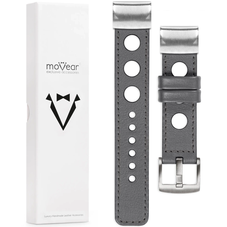 moVear Prestige R1 Lederarmband für Garmin QuickFit 22mm (Fenix / Forerunner / Epix / Instinct / Enduro / Quatix / MARQ - 47/45mm) Grau, Grau Nähte [Größen XS-XXL und Schnalle zur Auswahl]