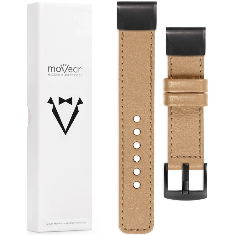 moVear Prestige C1 Lederarmband für Garmin QuickFit 22mm (Fenix / Forerunner / Epix / Instinct / Enduro / Quatix / MARQ - 47/45mm) Cappuccino, Cappuccino Nähte [Größen XS-XXL und Schnalle zur Auswahl]