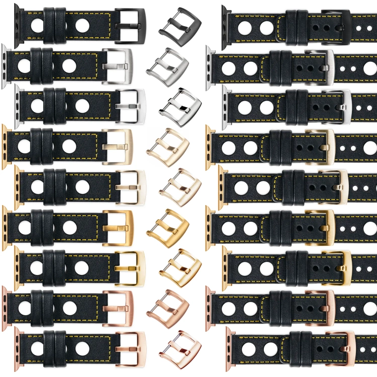 moVear Prestige R1 24mm Schwarz Lederarmband für Apple Watch 10 / 9 / 8 / 7 / 6 / 5 / 4 / SE (46/45/44mm) & Ultra (49mm) | Schwarz Nähte [Größen XS-XXL und Schnalle zur Auswahl]