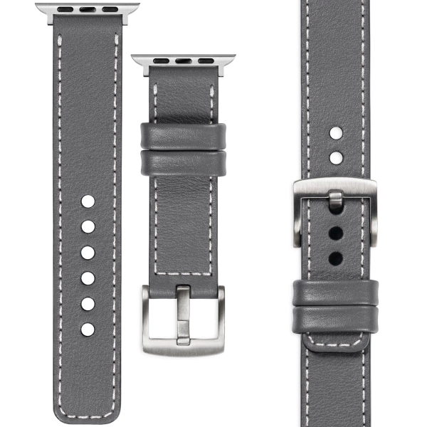 moVear Prestige C1 24mm Grau Lederarmband für Apple Watch 10 / 9 / 8 / 7 / 6 / 5 / 4 / SE (46/45/44mm) & Ultra (49mm) | Grau Nähte [Größen XS-XXL und Schnalle zur Auswahl]