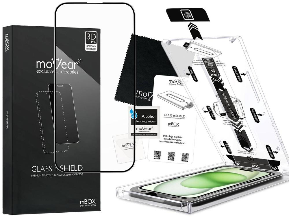 moVear mBOX GLASS mSHIELD 3D PRO for Apple iPhone 16 Plus / 15 Plus (6.7") (easy installation)