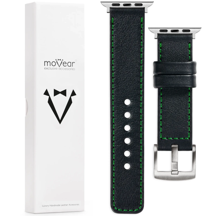 moVear Prestige C1 22mm Black Leather strap for Apple Watch 10 / 9 / 8 / 7 / 6 / 5 / 4 / SE (46/45/44mm) & Ultra (49mm) | Black stitching [sizes XS-XXL and buckle to choose from]