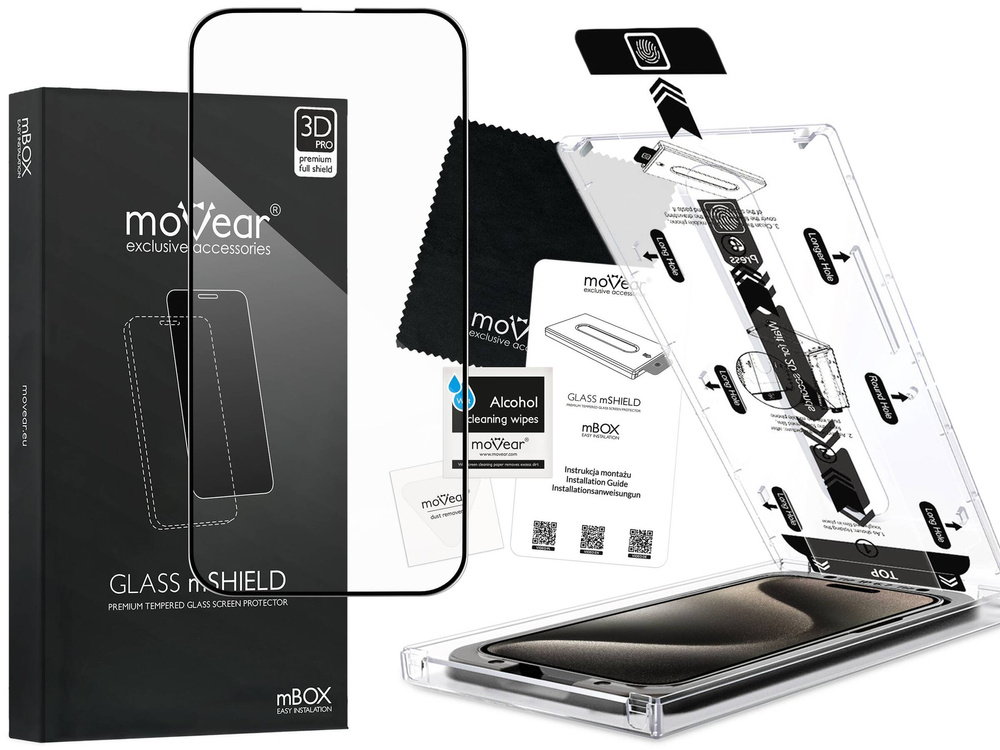 moVear mBOX GLASS mSHIELD 3D PRO for Apple iPhone 15 Pro (6.1") (easy installation)