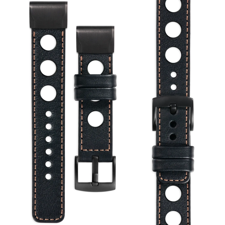moVear Prestige R1 Lederarmband für Garmin QuickFit 22mm (Fenix / Forerunner / Epix / Instinct / Enduro / Quatix / MARQ - 47/45mm) Schwarz, Schwarz Nähte [Größen XS-XXL und Schnalle zur Auswahl]