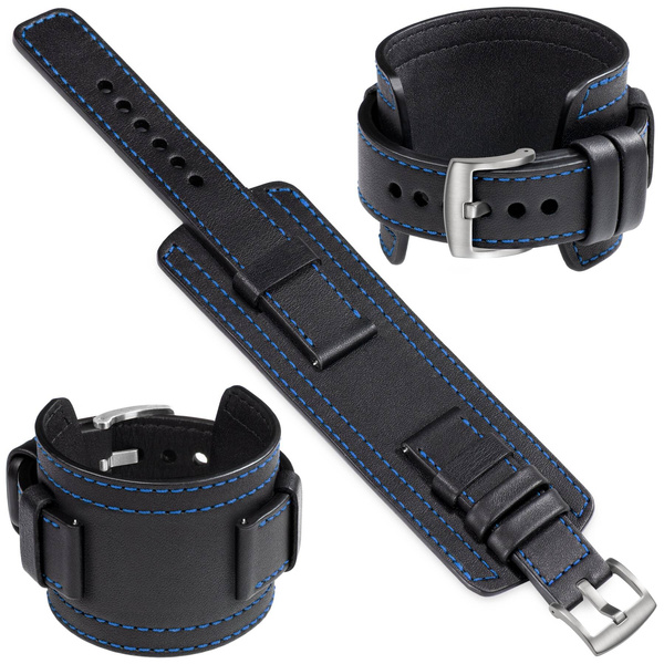 moVear Prestige CW1 18mm Breites Lederarmband mit Polster | Schwarz, Schwarz Nähte [Größen XS-XXL und Schnalle zur Auswahl]